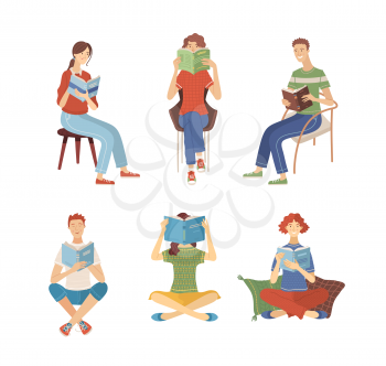 People reading books while sitting. Happy young men and women holding books characters in flat cartoon style. Students studying. Isolated vector illustrations. Set of literary fans.