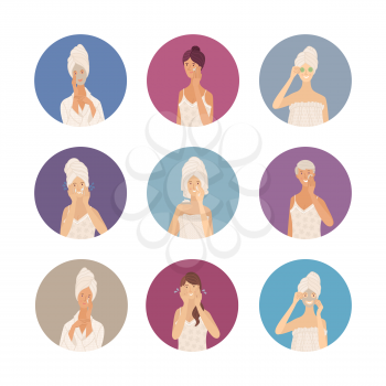 Beautiful young women in towel, pajama, underwear, and bathrobe. Take care of skin. Cleaning, washing, moisturizing, beauty mask cartoon characters. Flat vector illustrations in circles color drawings