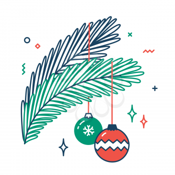 Pine branches with baubles color flat icon. Thin line and fill pictogram. Isolated vector Christmas illustration with contour. Editable stroke. Pixel perfect