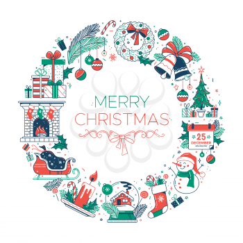 Merry Christmas flat illustration. Thick line color symbols arranging in a circle. Vector concept. Contour and fill New year pictograms. Editable stroke