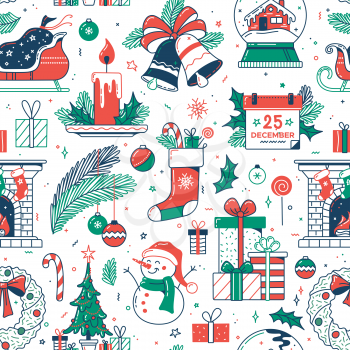 Christmas flat seamless pattern. Color vector texture. Christmas tree and gifts, fireplace with socks,  snowman and wreath, snow globe with house.  Festive cartoon wrapping paper, wallpaper design