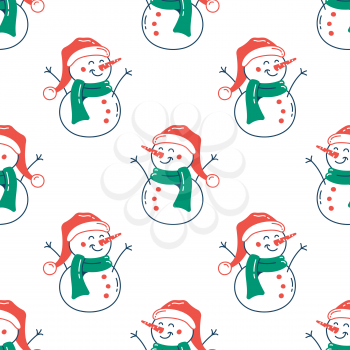 Snowmen flat seamless pattern. Christmas color vector texture. Winter cartoon wrapping paper design