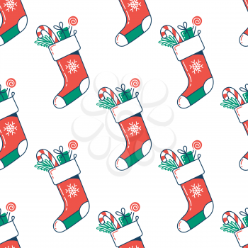 Santa sock with gifts and candy cane flat seamless pattern. Christmas color vector texture. Festive cartoon wrapping paper design