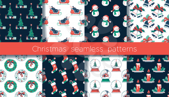 Christmas flat seamless patterns set. Color vector texture. Christmas tree and gifts, fireplace with socks,  snowman and wreath, snow globe with house. Cartoon wrapping paper, wallpaper design