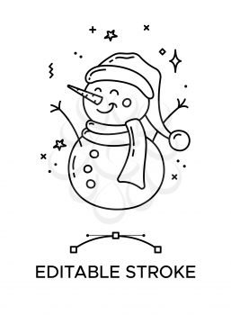 Happy snowman in Santa hat linear icon. Thick line pictogram. Isolated outline vector illustration. Duotone contour symbol. Editable stroke. Pixel perfect