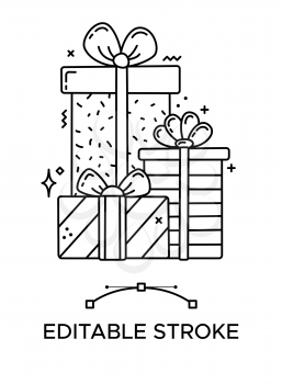Set of gift boxes linear icon. Thick line pictogram. Isolated outline vector illustration. Duotone contour symbol. Editable stroke. Pixel perfect