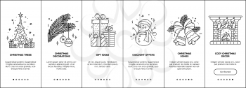 Christmas onboarding vector template with editable linear icons. Mobile app page screens. Monocolor outline concept. Christmas tree, decorations, gifts, cozy decor, songs, discount offers. UI design