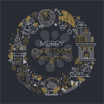 Merry Christmas linear illustration on dark background. Thick line chalk outline symbols arranging in a circle. Vector New year white and gold concept. Contour pictograms. Editable stroke