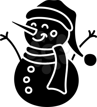 Happy snowman in Santa hat black glyph icon. Silhouette on white background. Negative space. Flat pictogram. Vector isolated illustration. Duotone solid symbol. Pixel perfect
