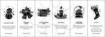 Vector Christmas onboarding screen templates with black glyph icons. New Year mobile app concept. UX, UI, GUI monocolor design. Discount offers, Christmas songs, cozy decor, daily deals, and DIY tips