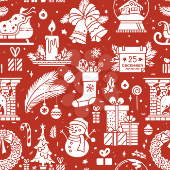 Christmas chalk silhouettes on red background seamless pattern. Duotone vector texture. Christmas tree and gifts, fireplace,  snowman and wreath, snow globe, Santa sleigh. Wrapping paper design