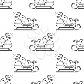 Santa sleigh and sack linear seamless pattern. Monocolor black vector texture. Christmas outline wrapping paper, wallpaper design