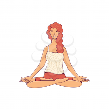 Happy tranquil woman sitting in lotus pose and meditating on white background. Cartoon healthy body and mind concept. Flat vector female character.