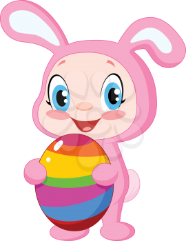 Cute baby in a bunny suit holding an easter egg