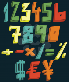 Colorful 3d numbers, math and currency signs set