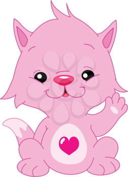 Cute pink kitten with a heart shape on his belly waving hello 