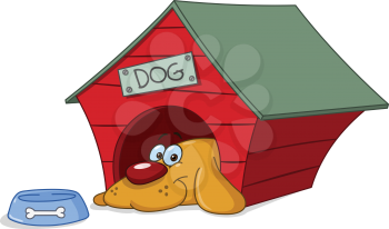 Smiling dog in his doghouse