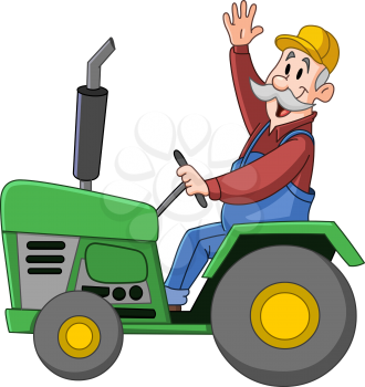 Smiling farmer driving a tractor and waving