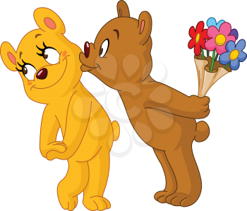 Loving bear kissing his girlfriend and holding bouquet of flowers behind his back