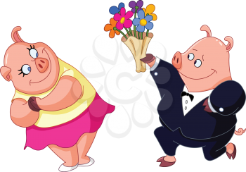 Loving pig giving his girlfriend bouquet of flowers