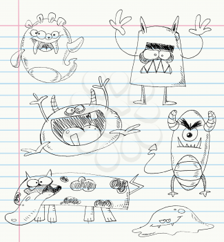 Vector monster doodles on a notebook paper. Set number 2