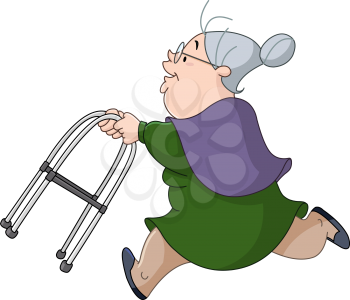 Old woman running with her walker