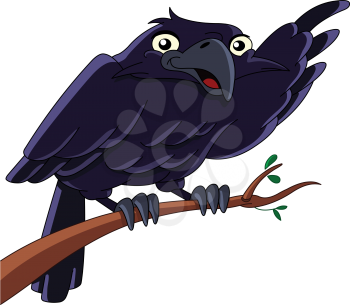 Vector illustration of a raven sitting on a branch and pointing with his wing