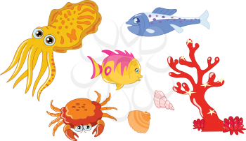 Cute cartoon sea creatures and seashell set