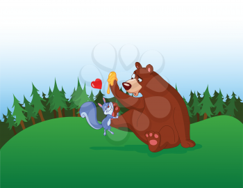 Squirrel in love with a bear in the forest