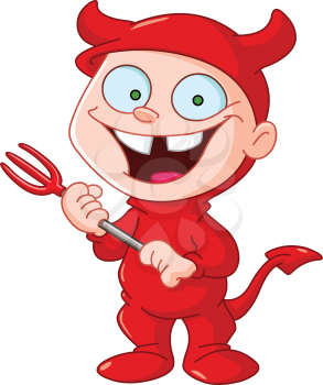 Smiling kid in a devil costume celebrating Halloween