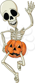 Happy dancing skeleton wearing a pumpkin