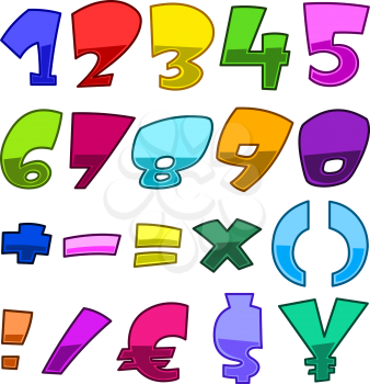 Bright cartoon numbers, math symbols and currency symbols set