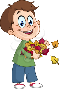Happy kid carrying autumn leaves