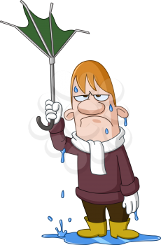 Depressed wet man holding a broken turned up umbrella by the wind