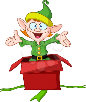 Happy elf popping out of a Christmas gift box