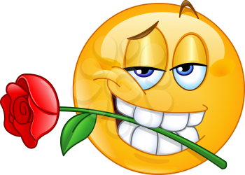 Charming emoticon holding red rose flower between teeth in mouth