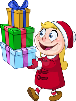 Young girl carrying stack of Christmas gift boxes