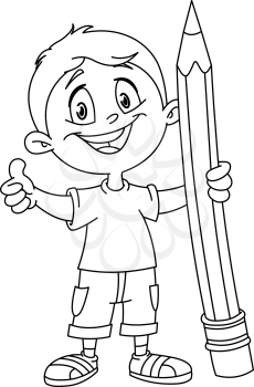 Outlined young boy holding a big pencil and showing thumb up. Vector illustration coloring page.