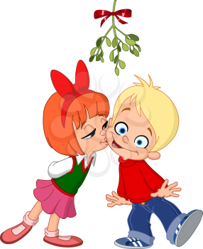 Young girl kissing boy under a mistletoe. Christmas illustration.