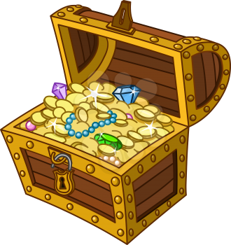 Opened wooden treasure chest full of gold coins, gems and jewelry 