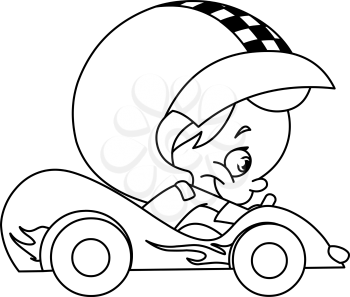 Outlined young kid driving a race car. Vector line art illustration coloring page.