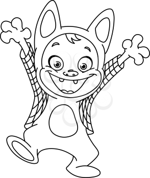 Outlined kid in a werewolf costume celebrating Halloween. Vector line art illustration coloring page.