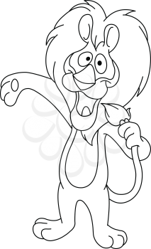 Outlined illustration of a host or singer lion using his tail like a microphone. Vector line art illustration coloring page.