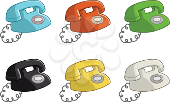 Old vintage telephone in six color versions