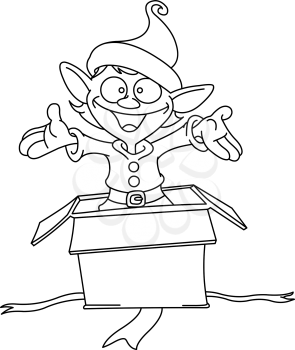 Outlined happy elf popping out of a Christmas gift box. Vector line art illustration coloring page.