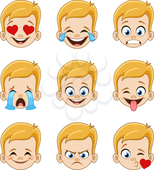 Emoji face expressions collection of a young blond boy with blue eyes