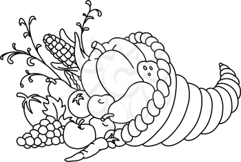 Outlined Horn of plenty. Thanksgiving cornucopia with autumn fruits and vegetables. Vector lineart illustration coloring page.
