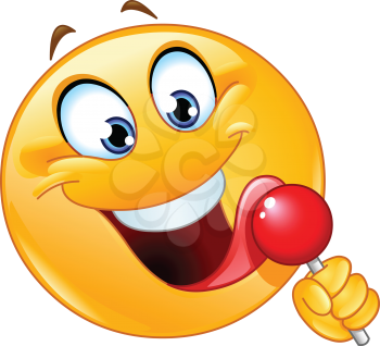 Happy emoji emoticon licking a red lollipop