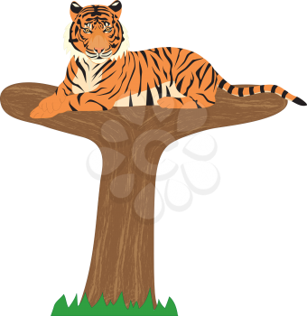 Royalty Free Clipart Image of a Tiger on top of a tree shaped like a 'T'