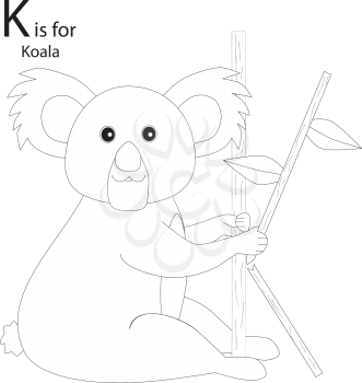 Royalty Free Clipart Image of a koala bear making the letter 'K' with twigs